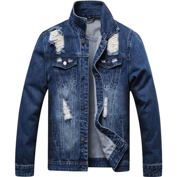 Dark Blue Distressed Jean Jacket Ripped‎ Acid Wash Slim Denim Trucker Jacket